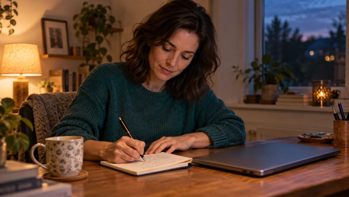 A woman writing a short note beside a closed laptop at the end of the workday.
