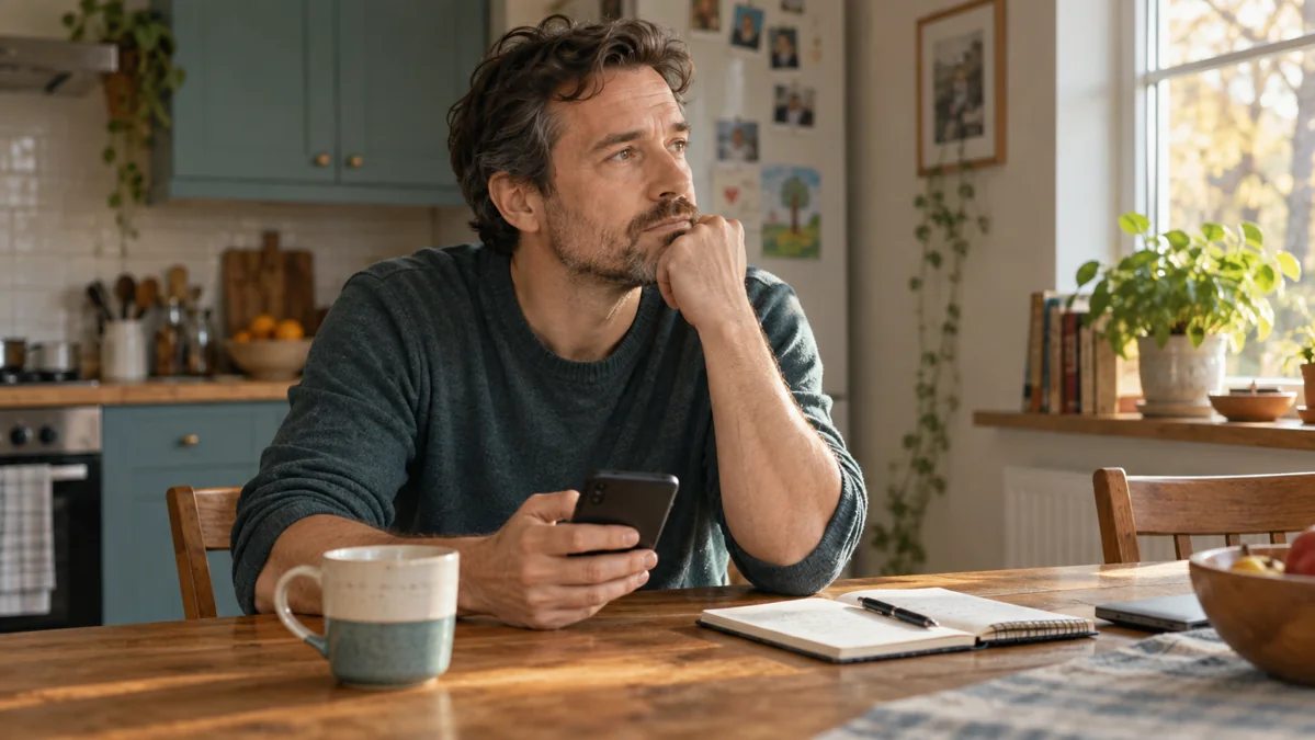 A man holding his phone at a kitchen table, pausing thoughtfully before replying.