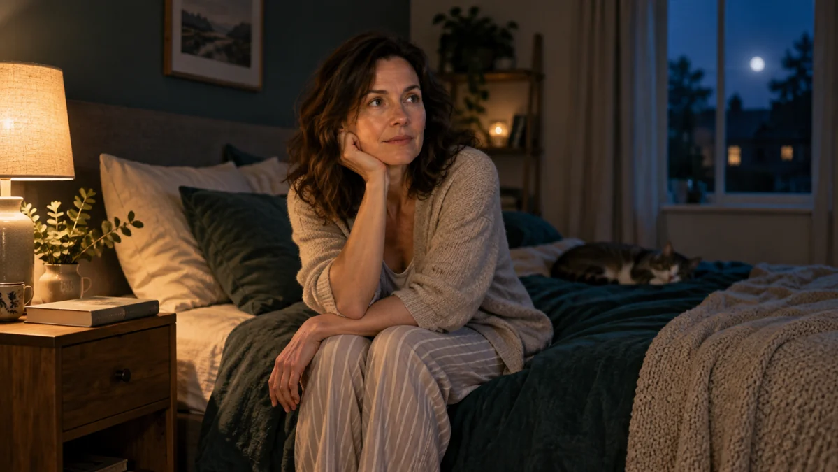 A woman sitting awake on the edge of her bed beside a warm bedside light.