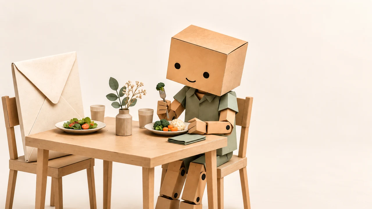 The cardboard character from the video having dinner opposite a giant envelope. The actual workbook preview is in the lower-right corner.