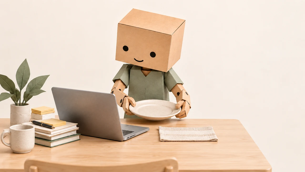 The cardboard character from the video holding a dinner plate beside a laptop and work notes. The actual workbook preview is in the lower-right corner.