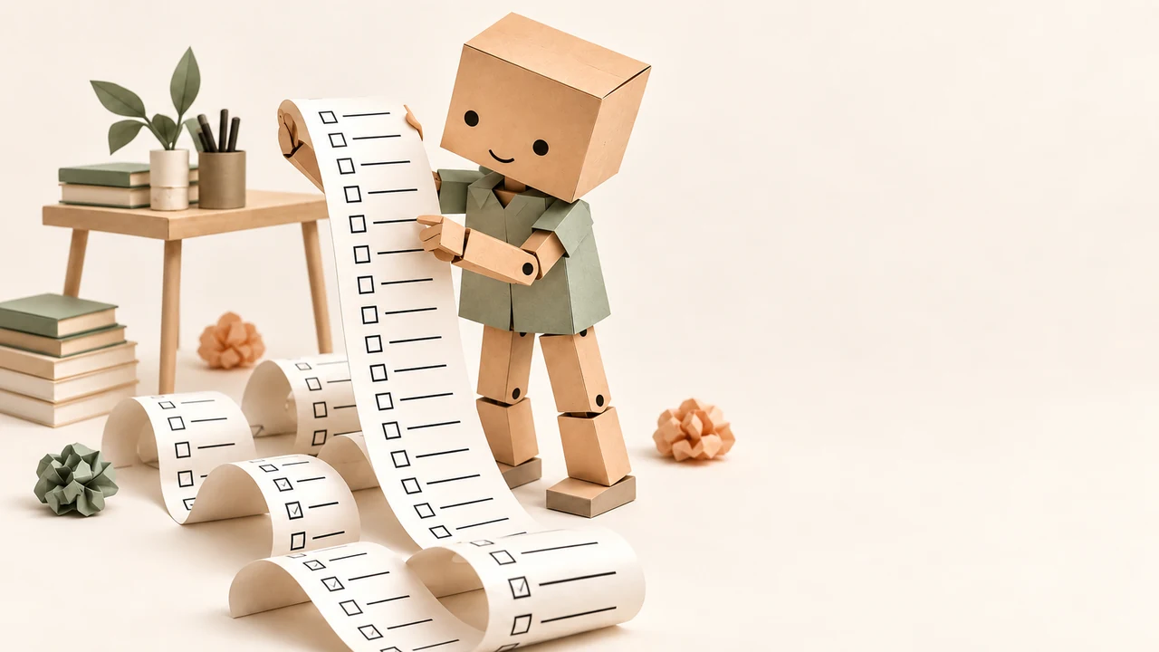 The cardboard character from the video holding a long checklist that curls across the floor. The actual workbook preview is in the lower-right corner.