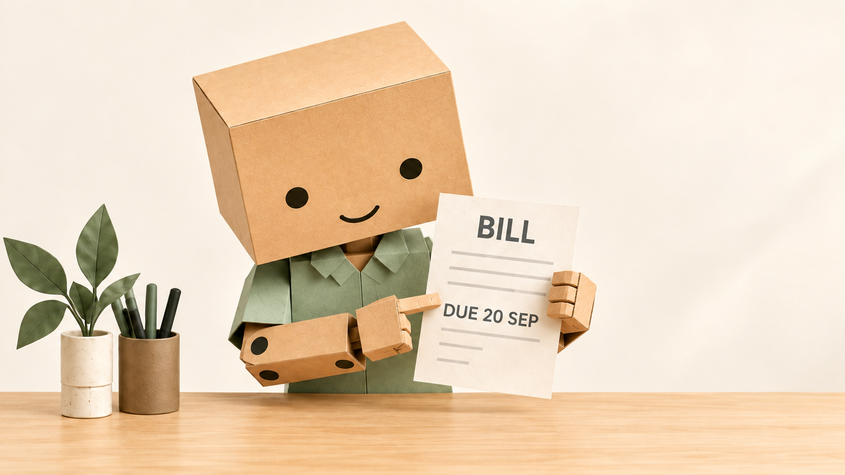 The cardboard character from the video pointing to a bill’s payment deadline, with the small-beginning workbook preview in the lower-right corner.